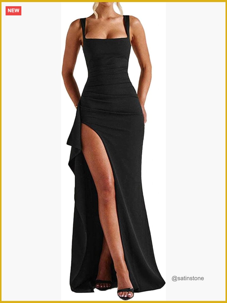 Square Neck High Slit Maxi Dress Bodycon Ruched Formal Gown